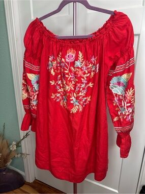 Free People Red Off-Shoulder Embroidered Midi Dress Small w/ pockets